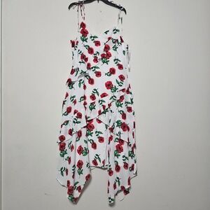 I.N. Dress XL White Green Red Roses Sleeveless Asymmetrical Ruffles‎ 892